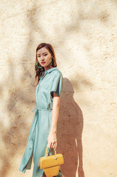 Short Sleeve Button-Front Silk Dress with Tie Waist